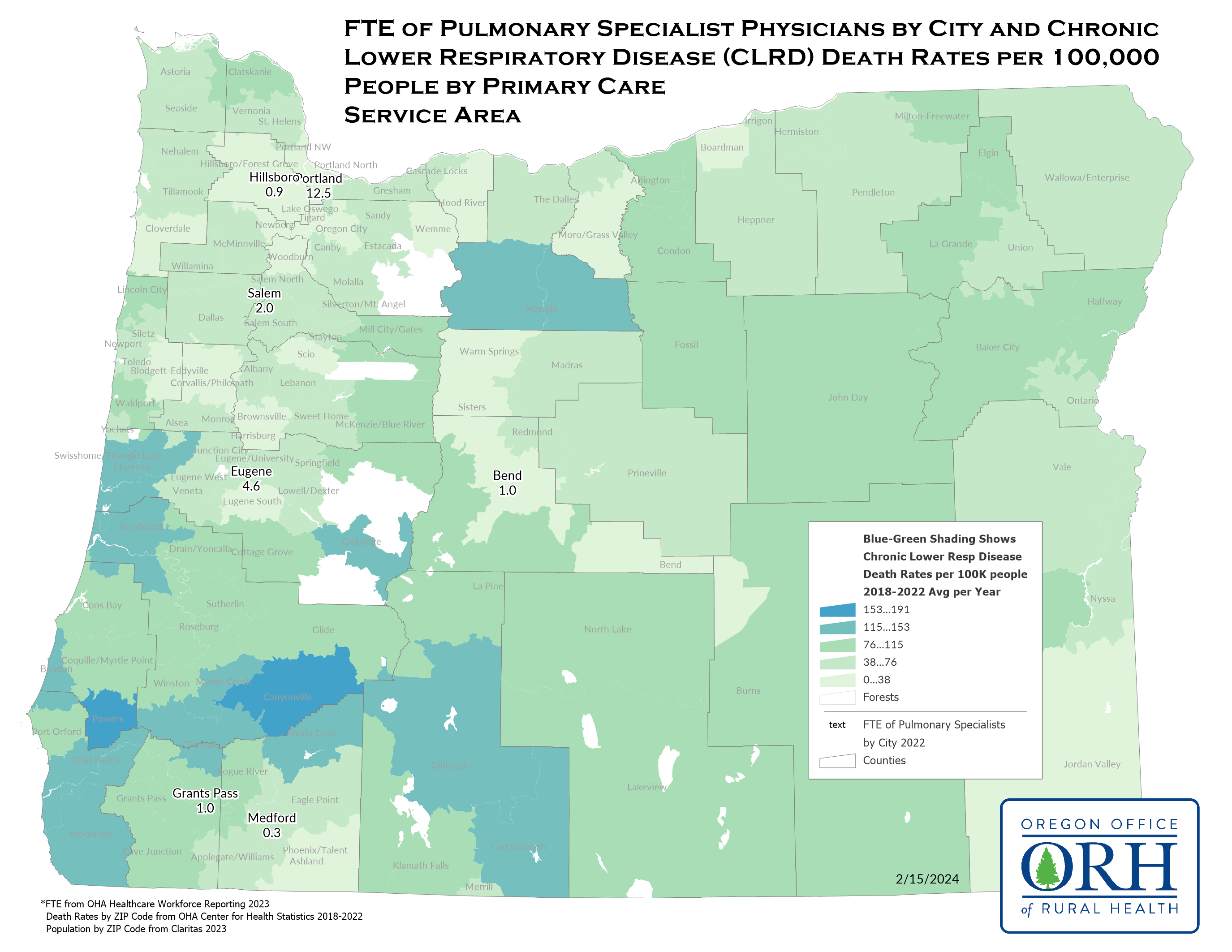 FTE of Pulmonary Specialist Physicians by City and CLRD Death Rates per 100,000 by Service Area