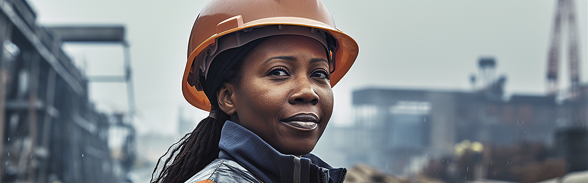 African American female construction worker standing at a job site.