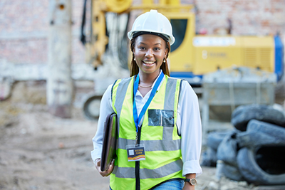 construction worker or architect woman feeling proud and satisfied with career opportunity. Portrait of black building management employee or manager working on a project site
