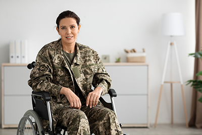Smiling Female Soldier In Camouflage Uniform Sitting In Wheelchair.