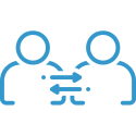 Blue icon of two people next to each other with bidirectional arrows pointing between them.