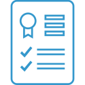 Blue icon of a written document with an award ribbon at top left and a checklist at the bottom.