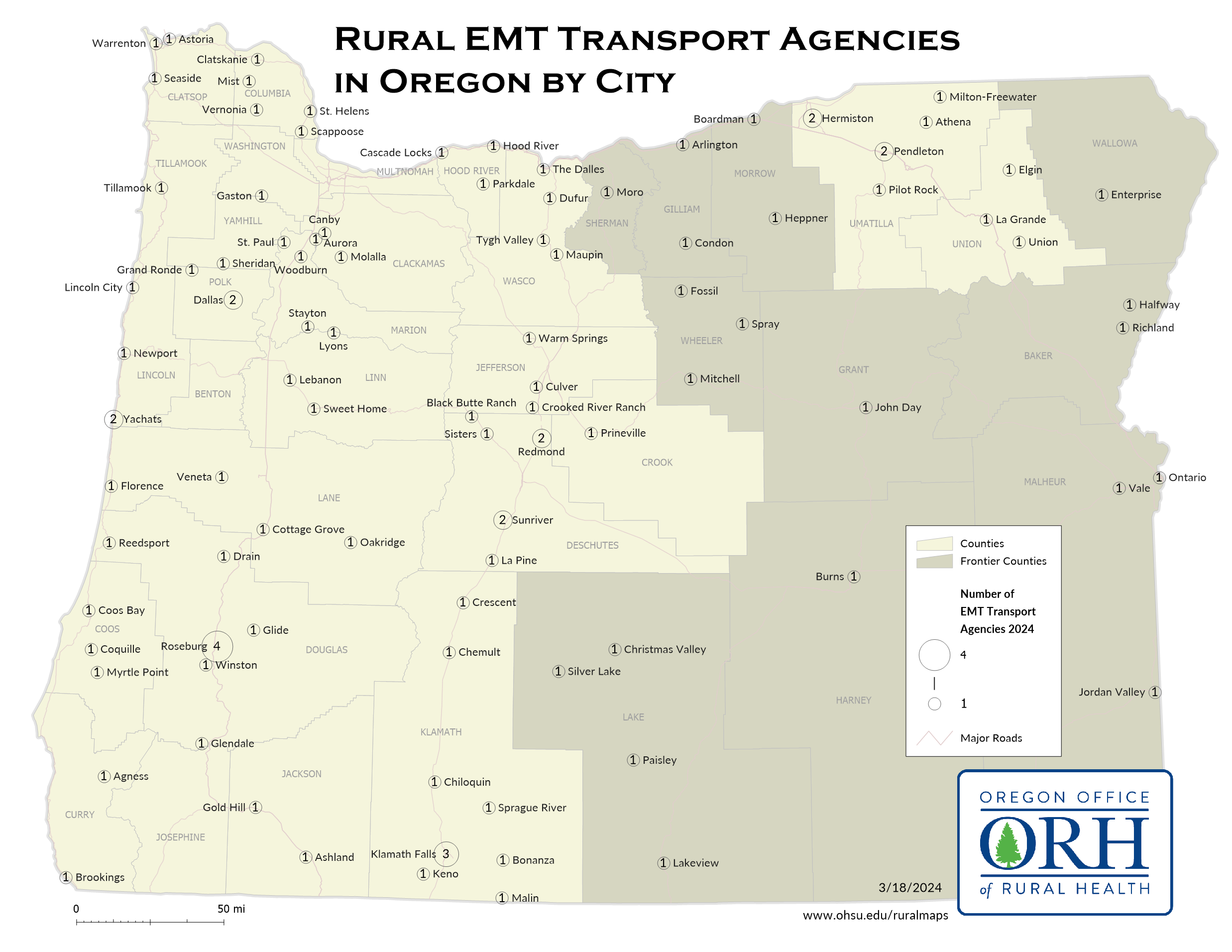 Rural Oregon EMT Transport map