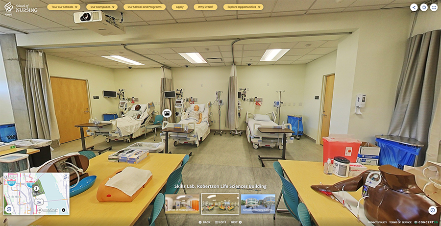 The virtual tour shows a training room with three examination beds, medical equipment and tables.