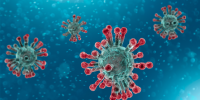 COVID-19 virus on blue background