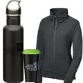 Merchandise including a water bottle, a travel tumbler and zip up jacket