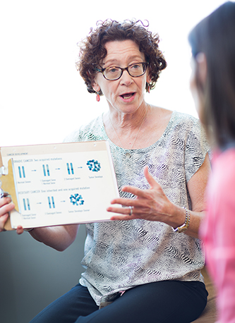 A genetic counselor explaining genetic risk to a patient.