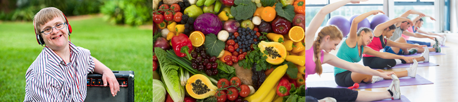 3 photo banner or person with a disability, fresh produce, and an exercise class