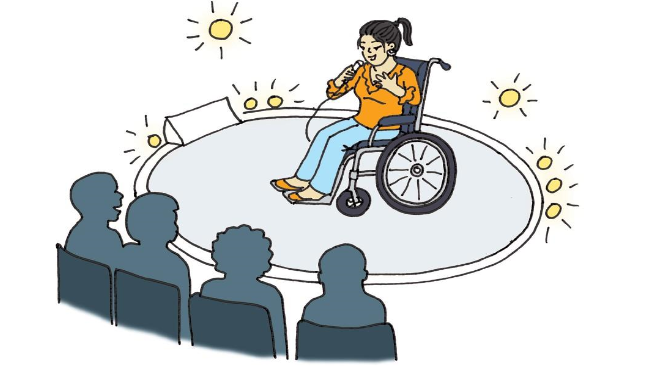 Happy/healthy young woman in wheelchair on a stage singing into a microphone