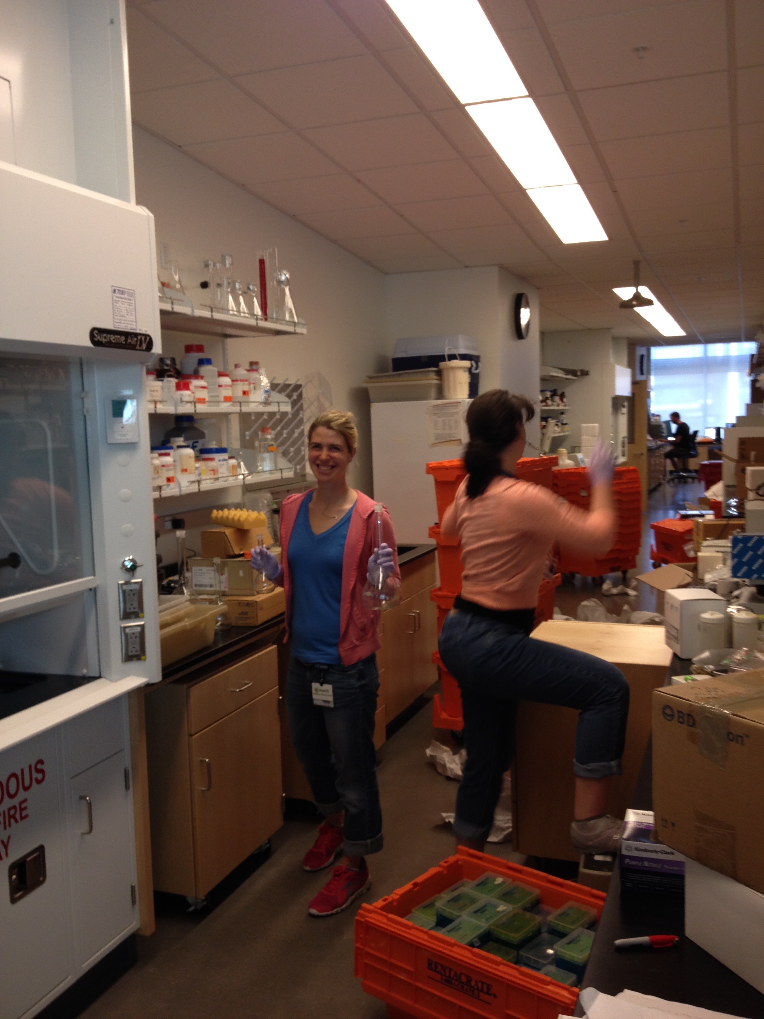 Beck and Kayla spruce up the lab in its shiny new location at the Collaborative Life Science Building. The Knight Cancer Research Building wasn't even built yet! August 21, 2014