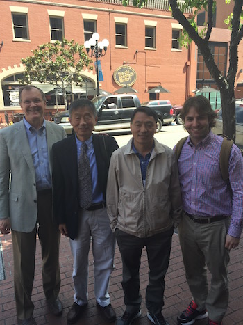 Ellison Lab Reuniting with old friends. Left to right: David Ellison, Wen-Hui Wang, Chao-Ling Yang, Andrew Terker. April 3, 2016