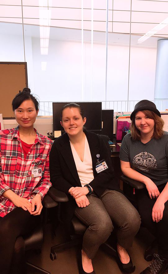 Ellison Lab Jinge SI, Elizabeth Swanson, and Britt Gratreak in the lab. April 18, 2018