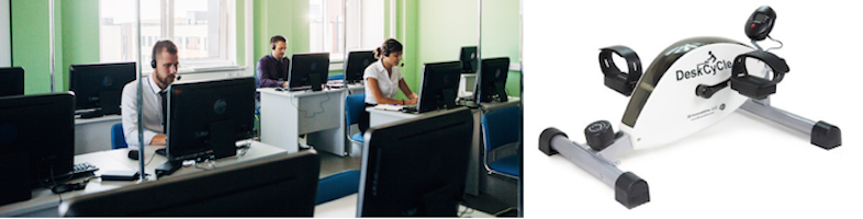 Photo of call-center workers in front of a computer and a photo of a pedal stand used in The Active Workplace Study