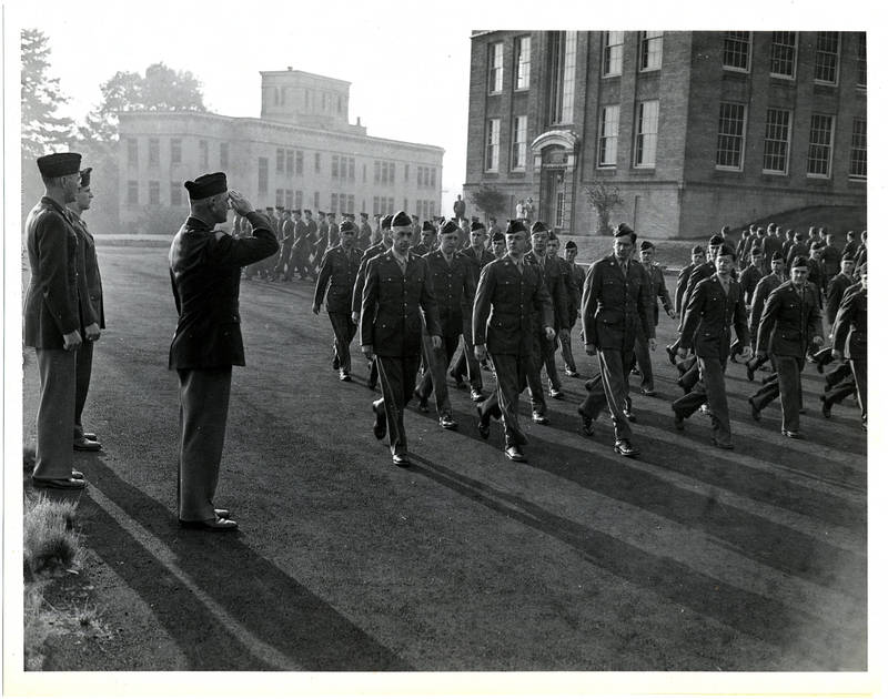 Military drill practice on the University of Oregon Medical School campus, circa 1940
