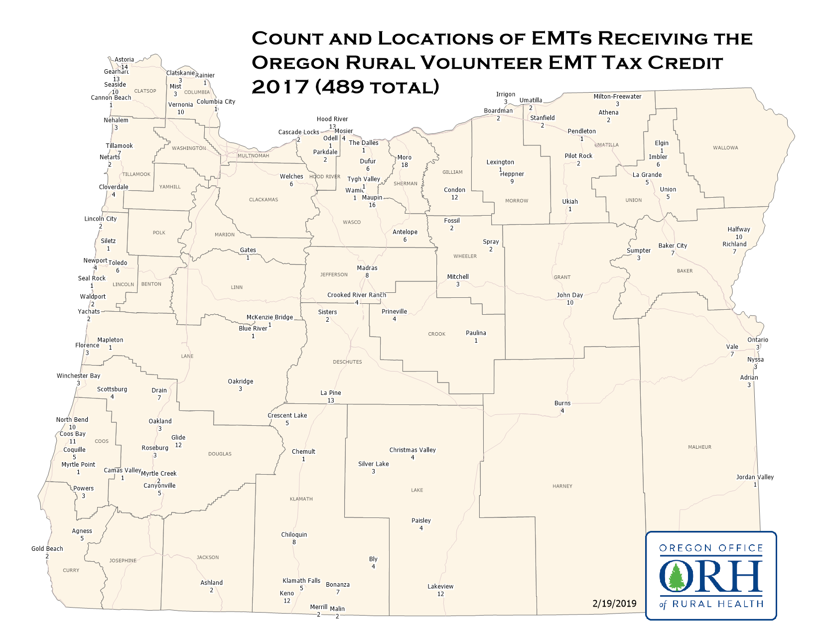Rural Volunteer Emergency Medical Service Provider Tax Credit Recipients map