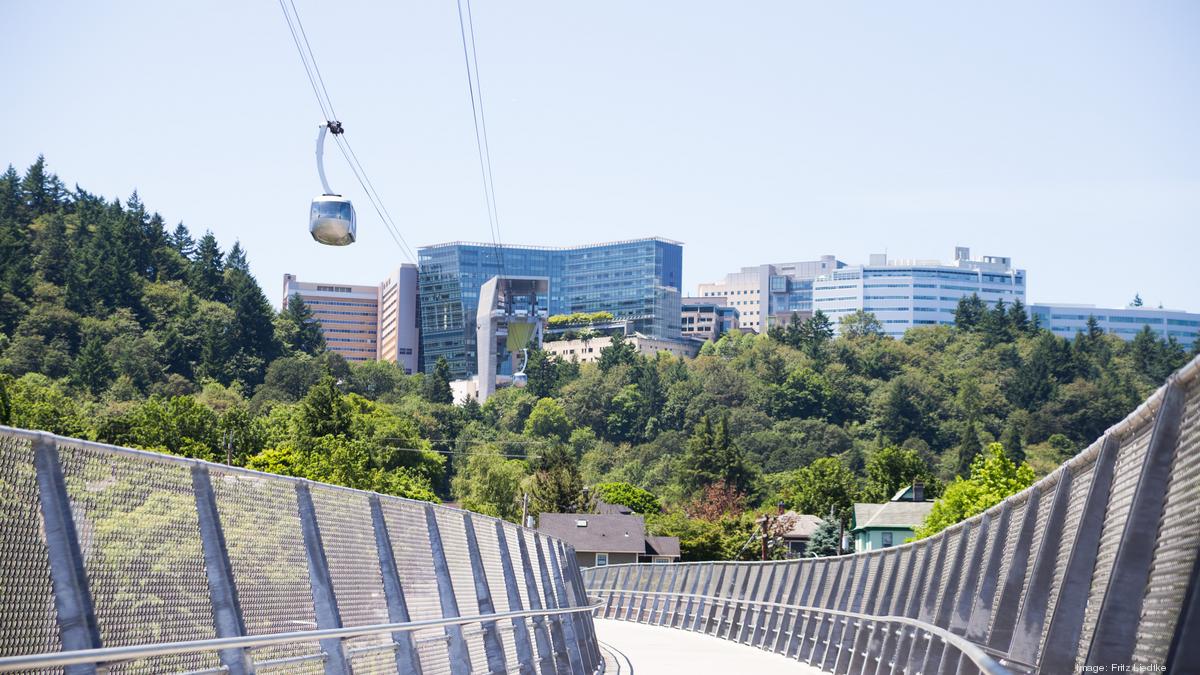 View of OHSU and Portland Aerial Tram from pedestrian bridge