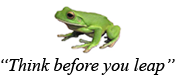 A frog with "Think before you leap" text below