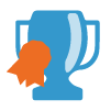 Blue trophy with orange ribbon/award on it icon
