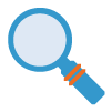Blue magnifying glass with orange stripes icon