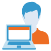 Icon with a laptop in front of a blue avatar with short hair and an orange sweater