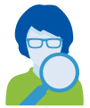 Woman wearing blue glasses with green shirt and magnifying glass in front icon