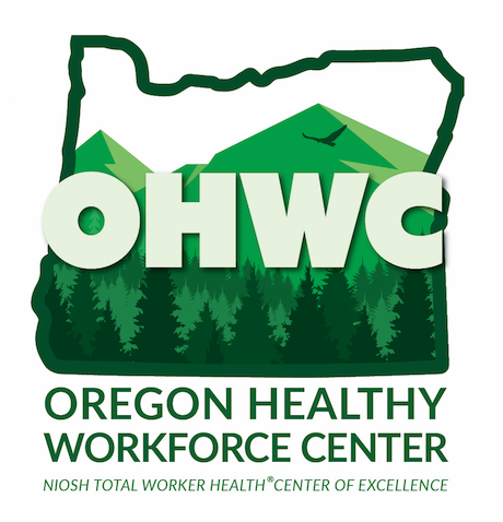 Oregon Healthy Workforce Center (OHWC) Graphic Element 2019 showing the outline of the State of Oregon and highlighting the forests and mountains of the Pacific Northwest. Graphic element also says NIOSH Total Worker Health Center of Excellence 