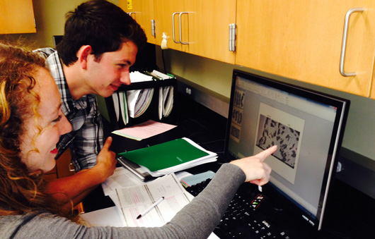 Two researchers from Rugonyi Lab smile while looking at an image on a computer in the lab.