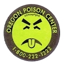 A graphic emoji of a "yucky" face with the Oregon Poison Center's name and phone number on it.