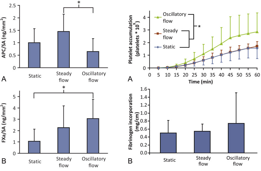 Adhesion improves in pre-seeded cardiovascular devices, Monica Hinds Lab, OHSU. Figure with four graphs. Two on top labeled A, two on bottom labeled B. Each graph compares three measurements: Static, steady flow and oscillatory flow. 