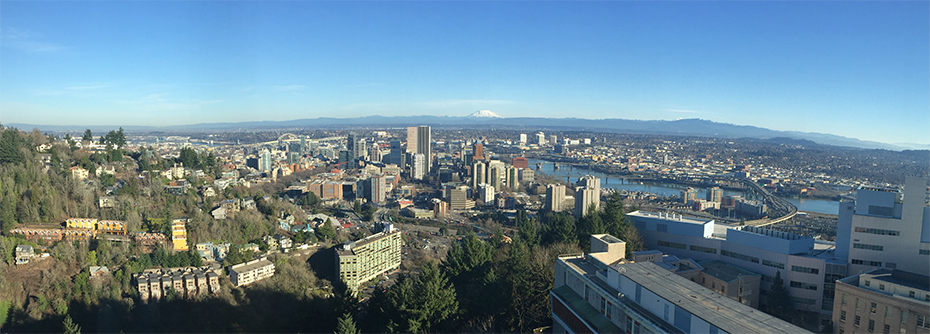 The view from the top of OHSU's Marquam Hill Campus, showing the city of Portland and the Willamette River.