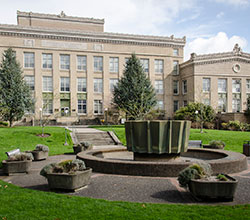 A view of Mackenzie Hall fountain and yard