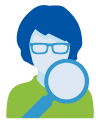 Woman with glasses and green shirt with magnifying glass in front of her icon