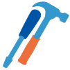 Tools, screwdriver and hammer icon in blues and orange