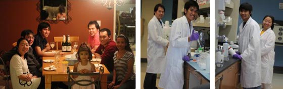 Three photos of members of Yantasee Lab. From left to right: 1. A group photo of seven people eating dinner together. 2. Two researchers smiling while working in the lab. 3. A different image of two researchers smiling while working in the lab. 
