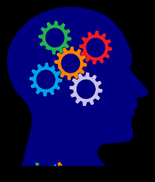 Cartoon of a blue head with gears where the brain is located