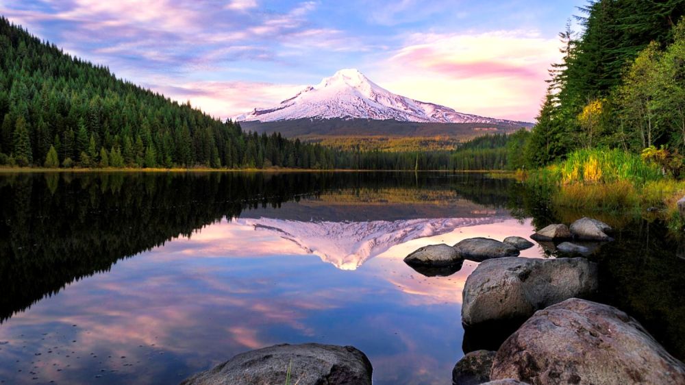 Mt. Hood backdrop to a lake that is mirroring Mt. Hood's image.