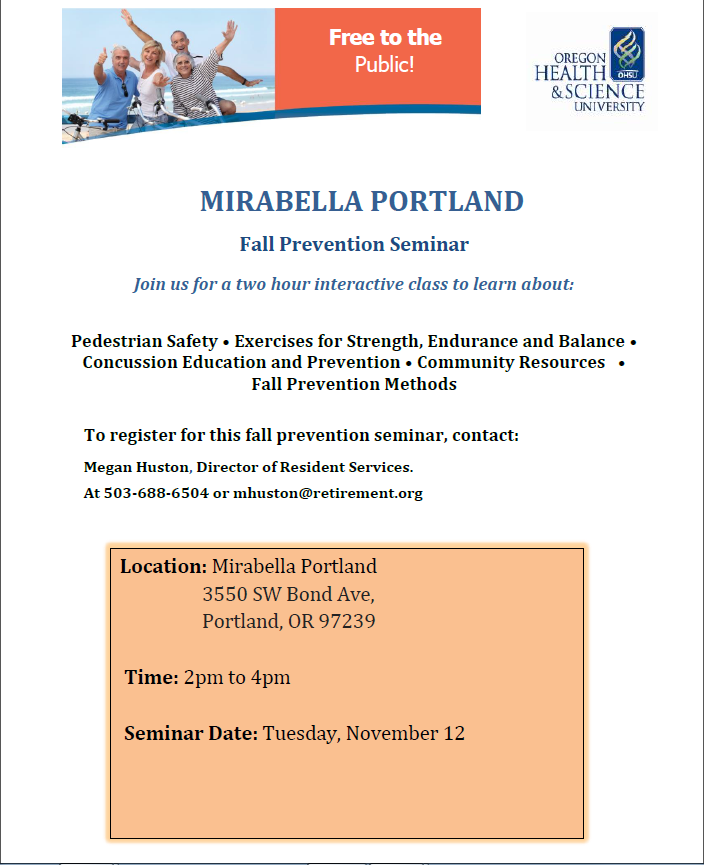 Flyer for upcoming fall prevention seminar on November 12th, 2019.
