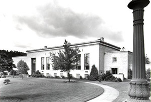 a black and white photograph depicts the OHSU Auditorium 