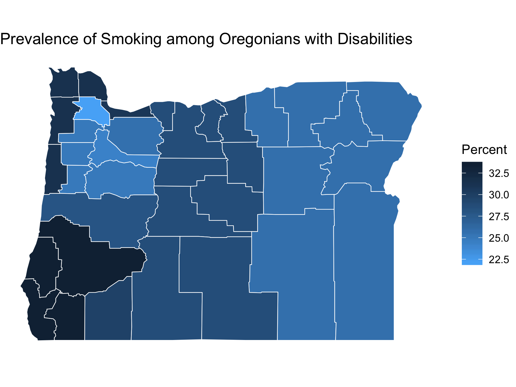 Blue Map of Oregon depicting prevalence of smoking among Oregonians with disabilities by county