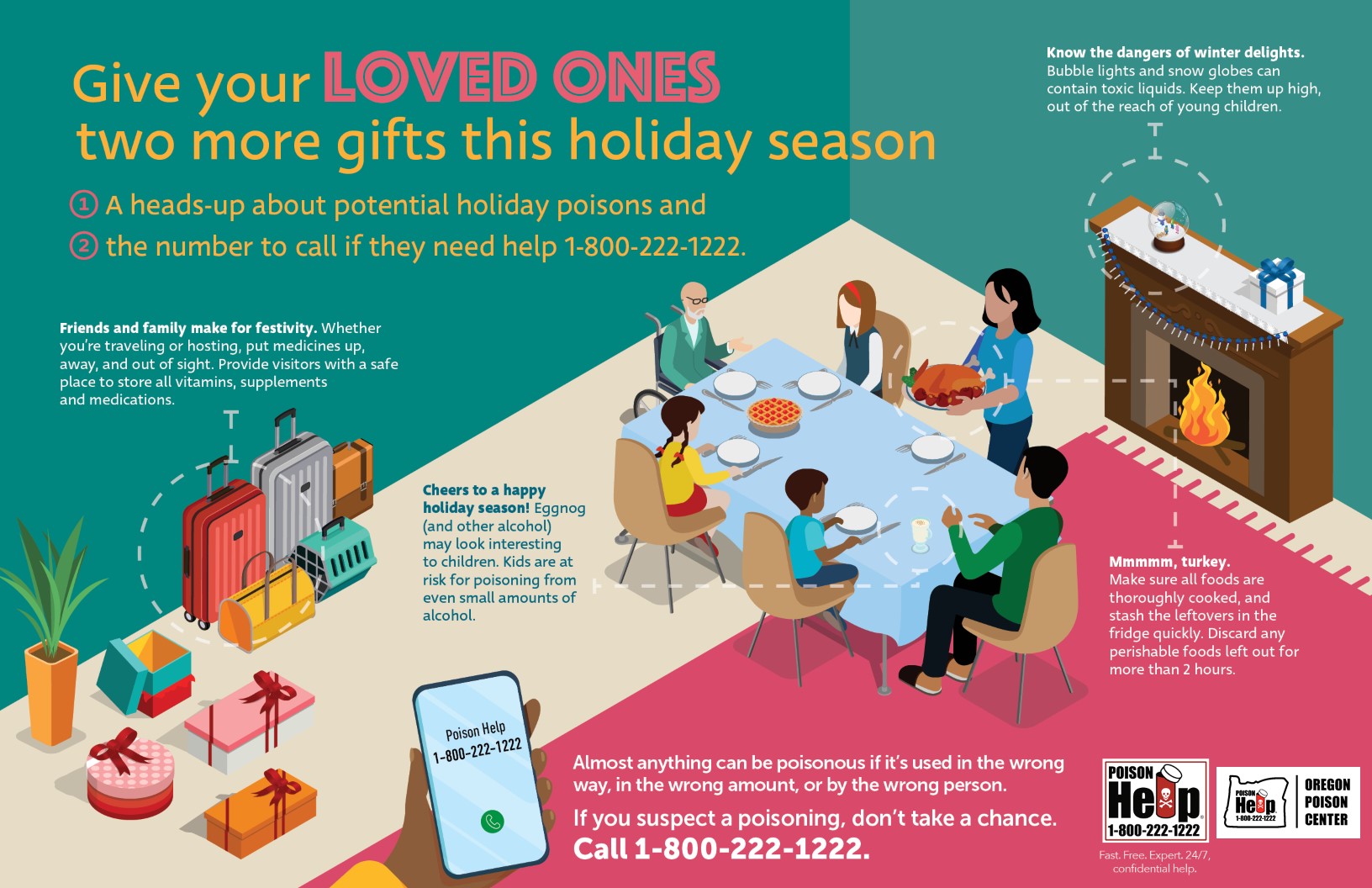 Holiday hazards are all around us. Be prepared by keeping the poison center number handy: 1-800-222-1222.
