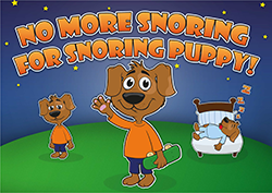 A cartoon image of three puppies, one standing looking down, one waving, and one sleeping. The cartoon has text that reads "No more snoring for snoring puppy!"