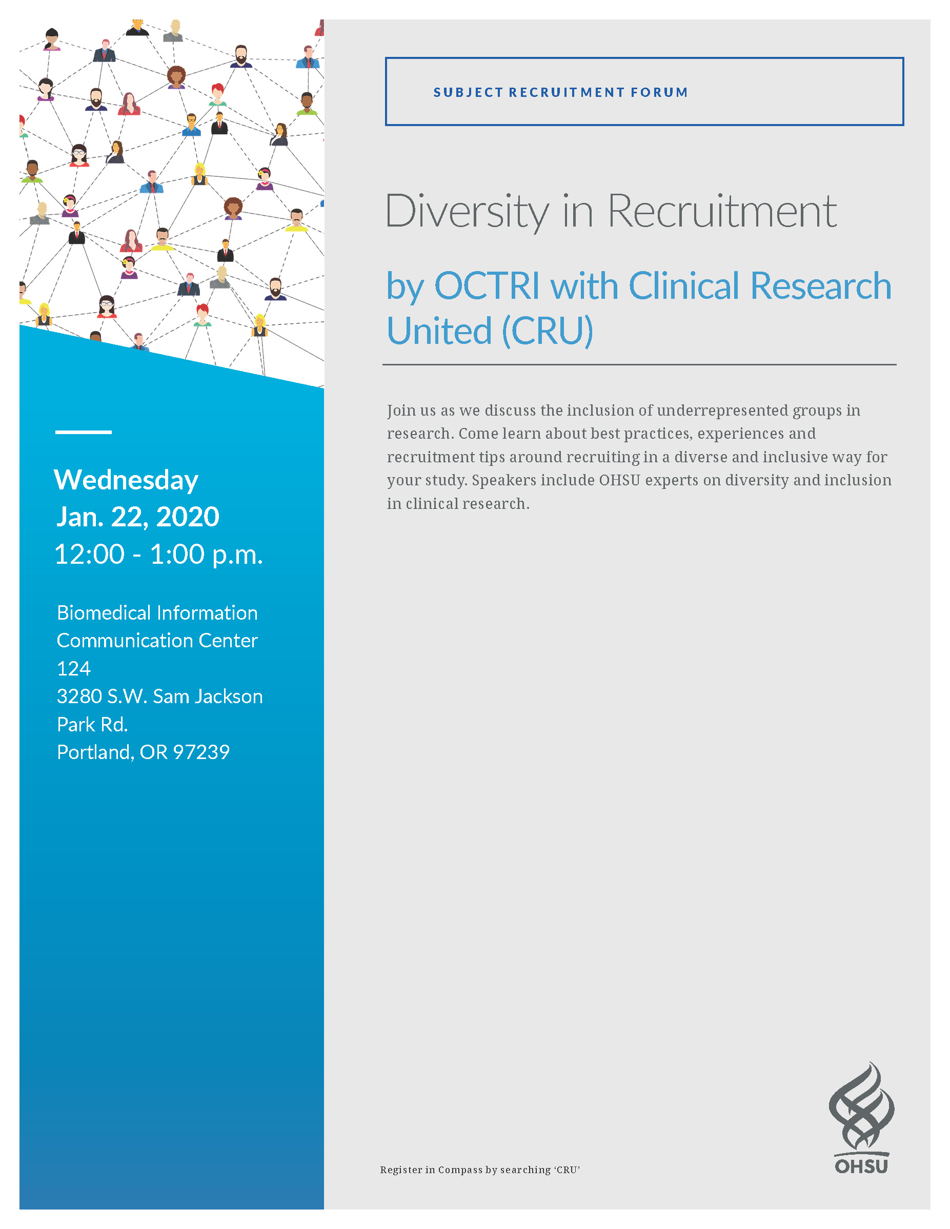 Flyer for OCTRI recruitment seminar with Clinical Research United (CRU).  All text is copied directly on to the web page for accessibility software purposes.