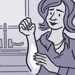 A cartoon woman applying lotion to her skin