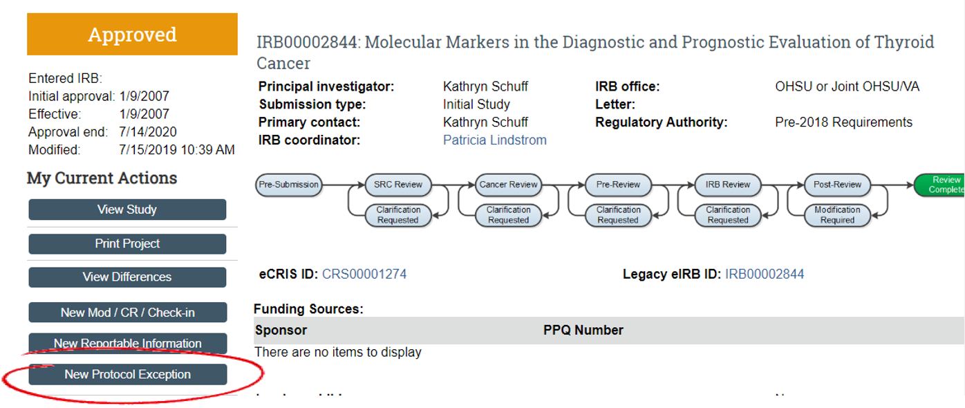 Protocol Exception Screenshot of eIRB