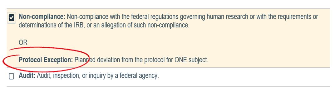 Protocol Exception Screenshot of eIRB form