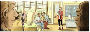Cartoon image depicting a group meeting of families discussing psychosis.