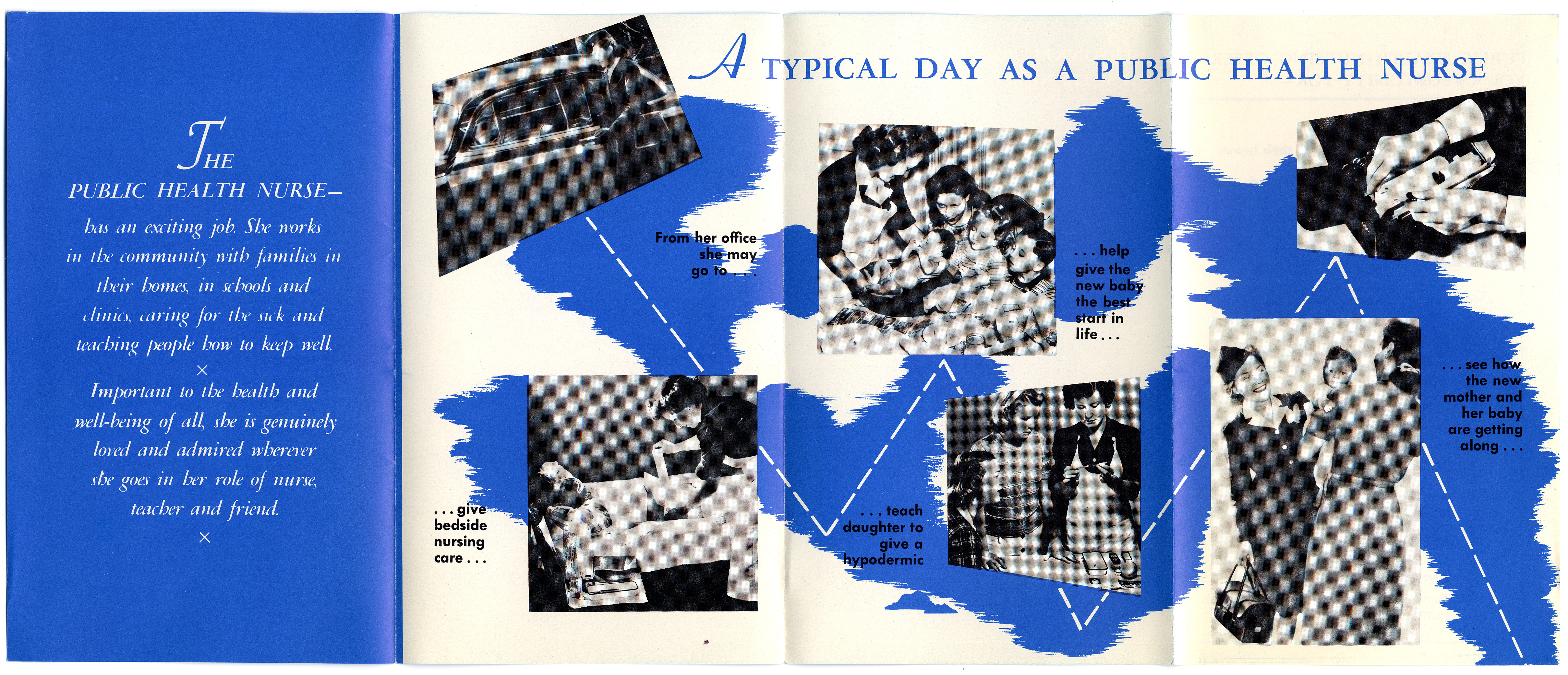Interior of a public health nursing brochure shows a nurse going about her day working in public health