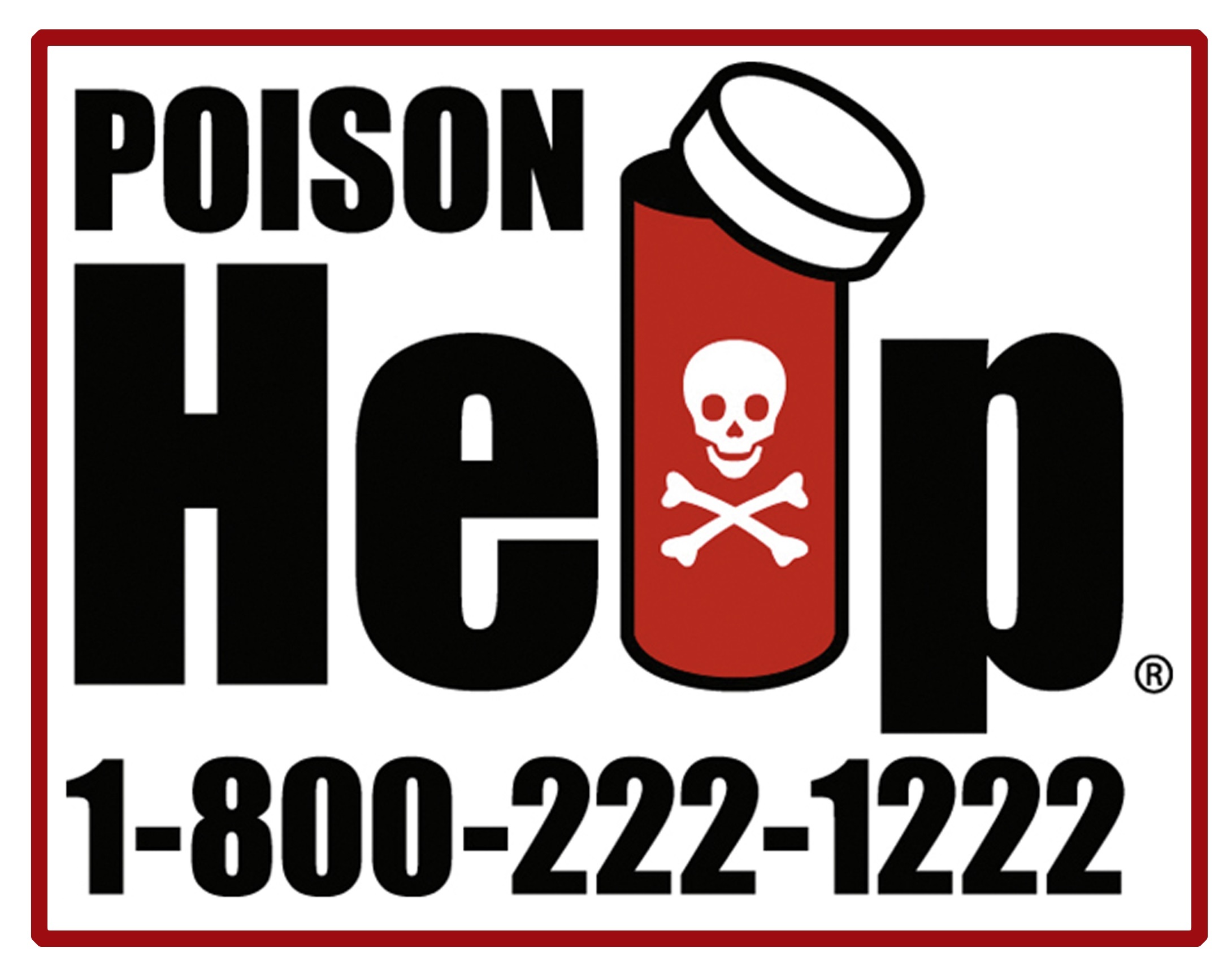 Poison help logo depicting medicine bottle, skull and crossbones and hotline number 1-800-222-1222