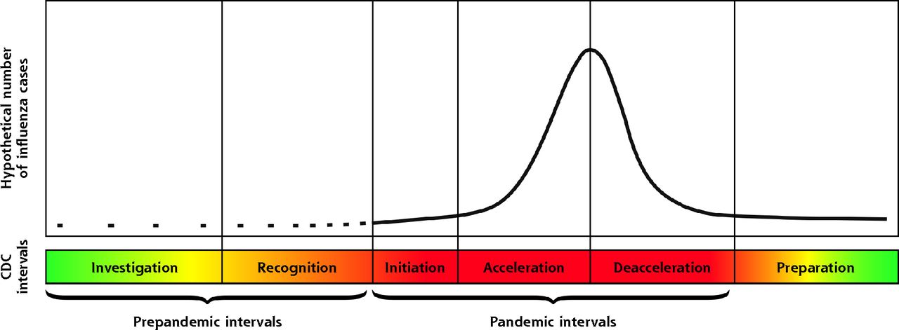 Bell-shaped graph showcasing the intervals of a pandemic
