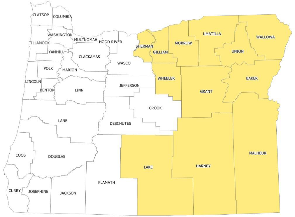 The twelve counties that incorporate the Eastern Oregon Healthy Living Alliance